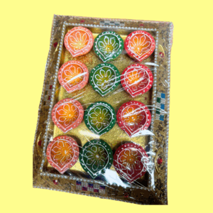 Diya Decorated and with Designer Tray Set of 12 Diya (4 No)