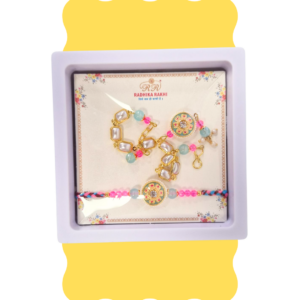 Designer Bhaiya Bhabi Rakhi Floral Pastel Blue with White Pearls Embelished