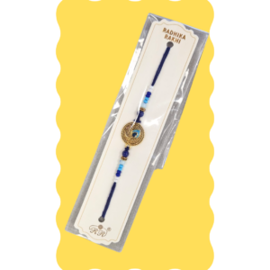 Premium Blue Peacock Feather on Gold Plate Beaded Rakhi